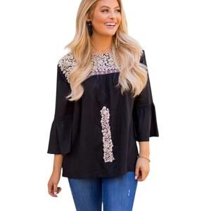 J Marie Amanda Long Sleeve Top Size MEDIUM Black Beige Embroidered Floral
